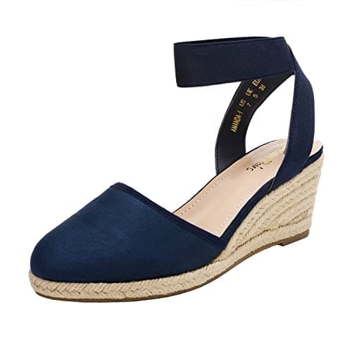 DREAM PAIRS Women's Elastic Ankle Strap Espadrilles Wedge Sandals,Size 5,Navy,AMANDA-1