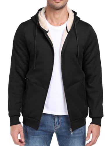MoFiz Men's Fleece Sherpa Lined Full-Zip Hoodies Sweatshirt (Black, M)