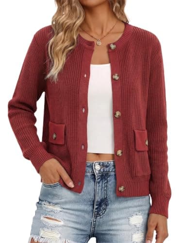 EXLURA Women's 2026 Knit Cardigan Sweaters Early Fall Fashion Long Sleeve Open Front Button Down Trendy Casual Cropped Jacket Wine Red