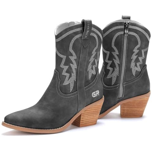 gioanroca Western Cowgirl Ankle Boot for Women with Embroidered Comfy Fashion Vintage Boot Wide Calf Horse Riding Pointed Toe Cowgirl Short Booties (Black, 11)