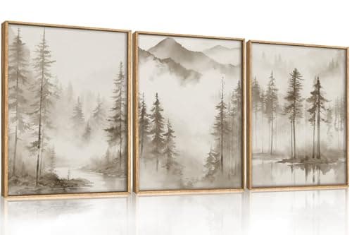 HPNIUB Large Foggy Mountain Forest Framed Canvas Wall Art Set -12"x16"x3