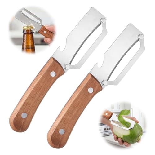 HJZHII 2Pcs 2 in 1 Multi Functional Vegetable Peeler, Stainless Steel Blade with Wooden Handle and Bottle Opener Kitchen Tool for Fruit Veggie Pumpkin Papaya Zucchini Peeling Potato Carrot Peeler