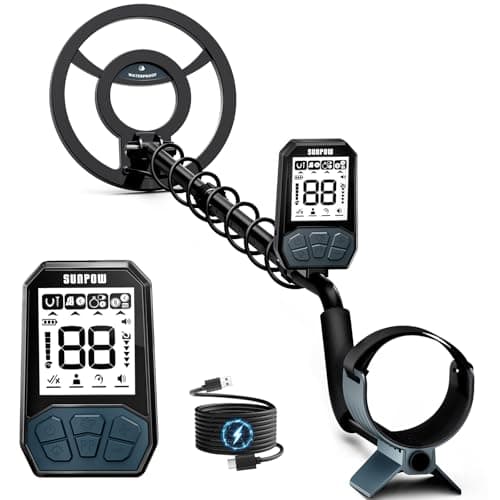 SUNPOW Rechargeable Metal Detector for Adults & Kids - Gold Finder with 1500mAh Lithium Battery, 20H Runtime, High Accuracy 8" Depth & 4 Modes for Beach & Shallow Water Treasure Hunting