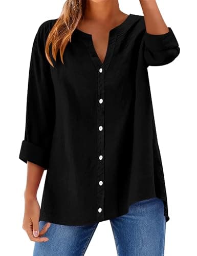 LOMON Button Down Shirts for Women Long Sleeve Button Up Shirt V Neck Cotton Linen Tops Casual Loose Blouse Black S