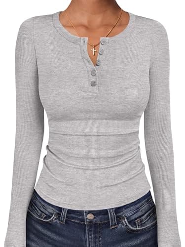 ANRABESS Women's Long Sleeve Shirts Fall Henley Tops,Grey,XL