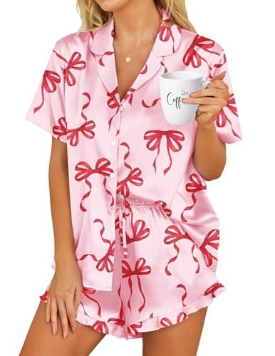 HOTOUCH Womens Satin Bow Pajamas Set Button Down 2 Piece Silk Pjs Shorts Set Ruffle Notch Collar Sleepwear,S