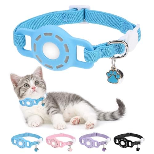 DILLYBUD Airtag Cat Collar Breakaway, Stretchy Cat Tracker Collar with Apple Air Tag Holder for Boy Girl Cats, Elastic GPS Tracking Collars for Kittens and Puppies, Adjustable 9"-12" Blue