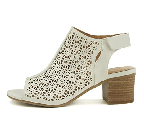 CITYCLASSIFIED “Elect” ~ Women’s Peep Toe Laser Cut Geometric Caged Slingback Ankle Strap Low Stacked Heel Ankle Bootie (Off White Nb, 7)