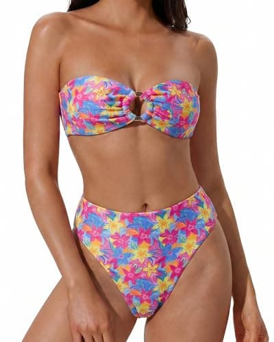 SUUKSESS Women Bandeau Strapless O Ring Bikini Sets Tie Back High Waisted 2 Piece Swimsuit Cheeky Removable Halter High Cut Bathing Suits（01-Pink Floral,M