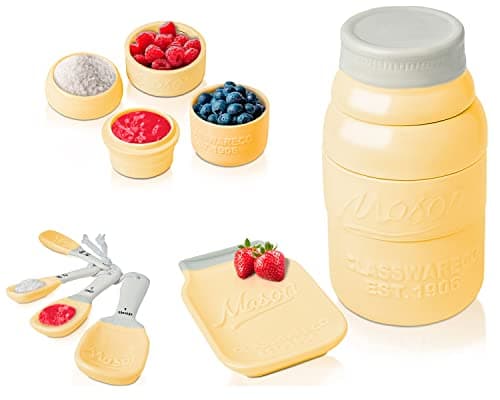 Comfify Yellow Mason Jar Measuring Set – 4 Cups, 4 Spoons, Spoon Rest