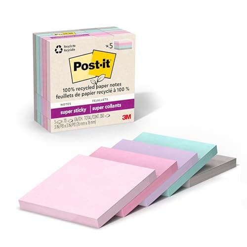Post-it 100% Recycled Paper Super Sticky Notes, 3 in. x 3 in., 5 Pads, 70 Sheets per Pad, Wanderlust Pastels, School Supplies and Office Products