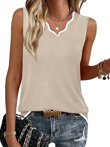 WIHOLL Tops for Women 2026 Trendy Casual V Neck Summer Tank Tops Sleeveless Sweater Lightweight Spring Fashion Business Work Teacher Travel Outfits Beach Fashion Vacation Clothes Apricot L