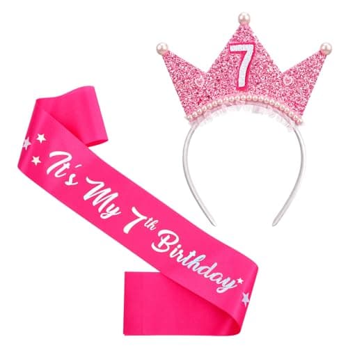 HekouJiub Birthday Crown Headband & Sash Set for Toddler Girls 7 Years Princess Tiara