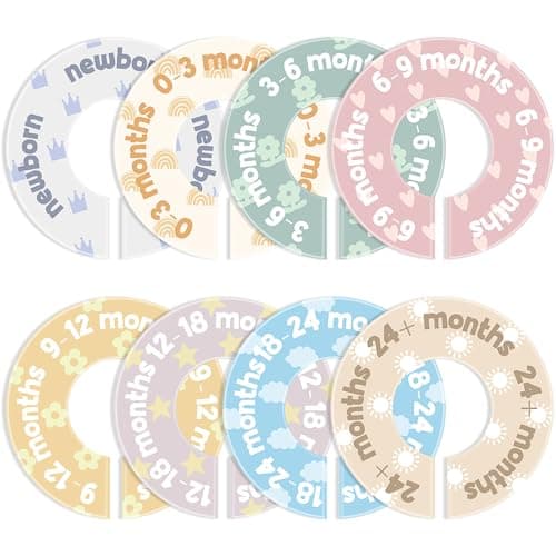 BreezeHug Baby Closet Dividers for Clothes 8 Pack Round Double-sided Size Markers from Newborn to 24+ Months Nursery Closet Organizer Decor Cute Hanger Dividers Fits Most Rods