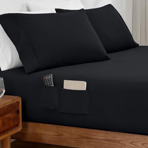Bare Home Fitted Bottom Sheet Twin Extra Long - Storage Pocket - Premium 1800 Microfiber - Ultra-Soft Wrinkle Free - Deep Pocket (Twin XL, Black)