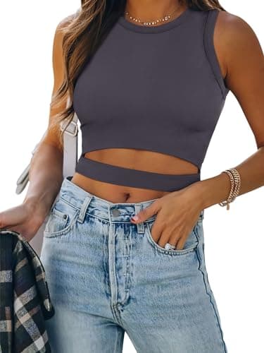 ANRABESS Women Tank Tops High Neck Sleeveless Sexy Cutout Racer Back Going Out Crop Tops Shirts Summer Y2K Outfits Dark Gray X-Large