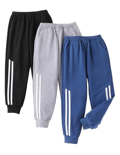 EDFTM 3 Pack Girls Sweatpants Stripe Tricot Joggers with Pockets Elastic Waisted Cute Pants Navy Blue/Gray/Black 11-12 Years