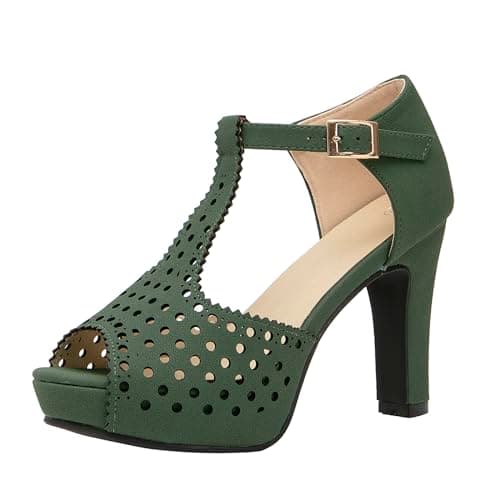 getmorebeauty Women's Vintage Heeled Sandals Suede Ankle T Straps Open Toe Pump Heel Sandals Dress Shoes（GREEN,US5）