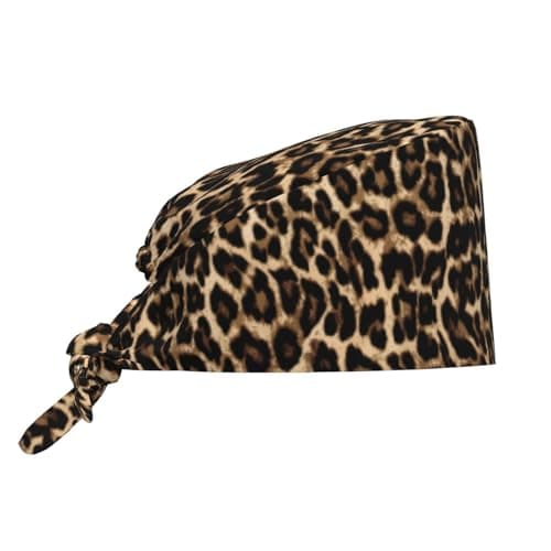 Leopard Cheetah Print African Animal Hunting Working Cap Scrub Cap with Sweatband Adjustable Unisex Women Tie Back Hat Nurse Surgical Caps