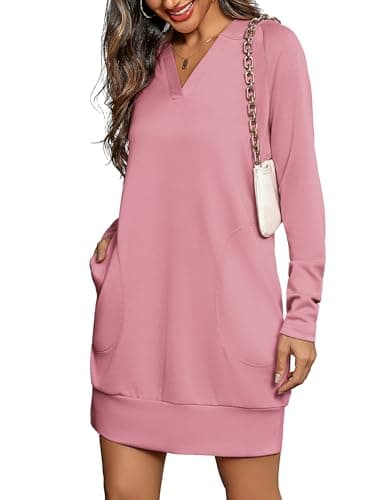 Totatuit Pullover Oversized Hoodies Dress for Girls Long Sleeve V-Neck Sweatshirt Dress with Pockets Basic Plain Fall Outfits Pink XL