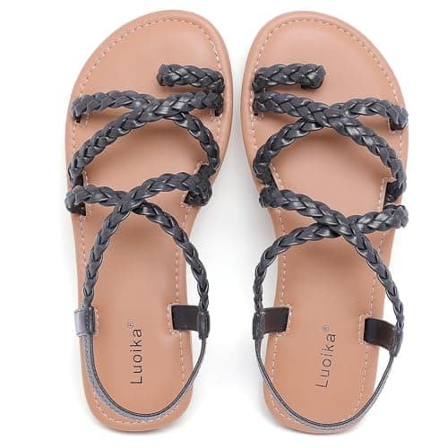 Luoika Women's Wide Width Braided Strappy Flat Sandals250507 Black 10.5XW