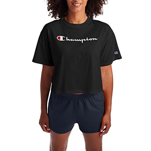 Champion womens Cropped Tee, Script Logo T Shirt, Black-550757, Medium US