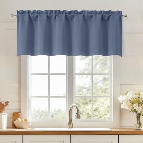 OWENIE Denim Blue Valances for Windows, Small Blackout Curtains for Kitchen Bedroom Living Room, Rod Pocket Privacy Modern Solid Short Window Treatment Valance Bathroom Panels, 60" Wx18 L,1 Piece