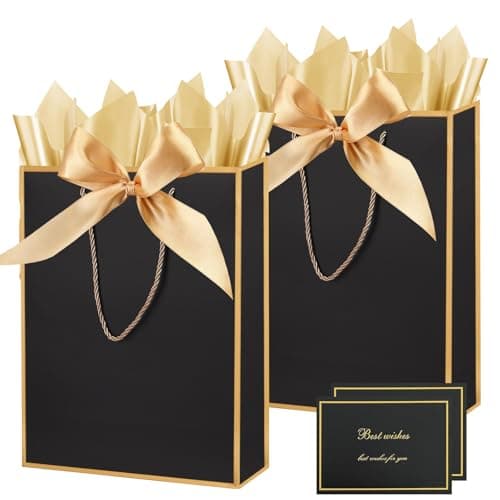 ZJHiome Gift Bags for Presents, 2 Pack Medium Paper Bags with Bow Ribbon Tissue Paper Cards Thank You Gift Bag with Handles for Christmas Holiday Birthday Shopping(Black)