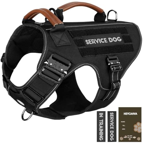 Service Dog Vest - HEYCAHVA Tactical Dog Harness Full Metal Buckles Dog Vest for Large Medium Dog Reflective No Pull Dog Harnesses with Leather Handle, Hook & Loop for Hiking Training (Black, XL)