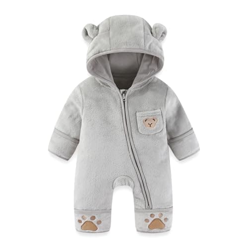 JiAmy Baby Snowsuit Fleece Bunting - Newborn Winter Bear Onesie Warm Hooded Romper with Foldover for Infant Boys Girls Lightweight Grey 6-9 Months