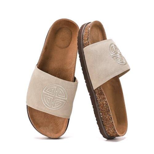 Bodantory Women's Suede Slide Sandals with Arch Support,Cork Comfortable Summer Flat Sandals for Women 2025 Beach Vacation Shoes,Cute Dressy Sandals Outdoor Slippers