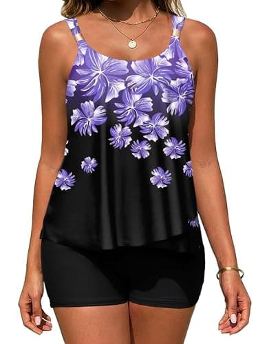 Arolina Women Womens Ruffle Two Piece Bathing Suit Flowy Swimsuit Built in Bra Tankinis with Shorts 2026 Swimwear with Pockets Purple Flower