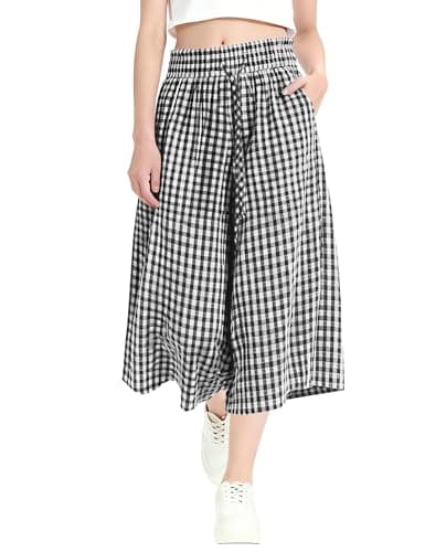 Rapbin Wide Leg Capri Pants for Women Gingham Striped Cropped Pants Flowy Beach Vacation Cotton Culottes with Pockets (Black White Plaid, S)