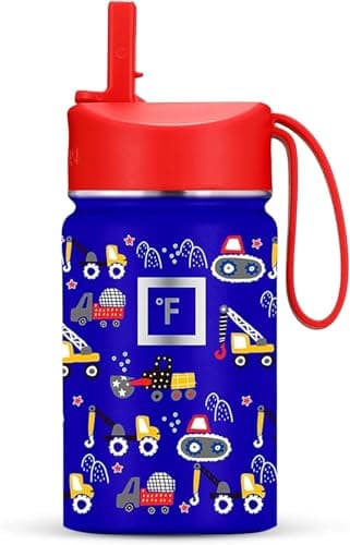 IRON °FLASK Kids Water Bottle - Straw Lid, 20 Name Stickers, Vacuum Insulated Stainless Steel, Double Walled Tumbler Travel Cup, Mug - Construction Zone, 10 Oz