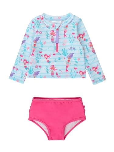 RuffleButts Baby/Toddler Girls Long Sleeve Rash Guard 2 Piece Swimsuit Set w/UPF 50+ Sun Protection with Zipper - Blue Mermaid Princess, 6-12m