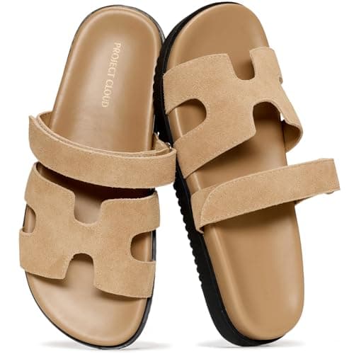 Project Cloud 100% Genuine Leather Sandals for Women Footwear - Stylish Womens Sandals with Plush & Soft Insole - Non-Slip and Water-Resistant Beach Sandals Slides for Women (Mayvy, BEISABLEA,7.5M)