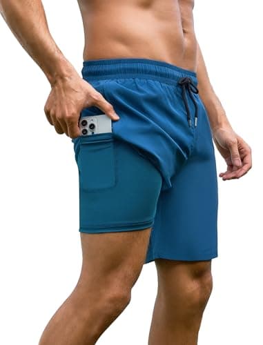 Arolina Mens Swimwear Board Shorts Swim Trunks Compression Liner 7 Inch Zipper Pockets Bathing Suits Navy Large
