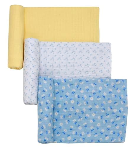 3 Pack Cotton Muslin Swaddle Blankets for Baby, 40" x 36", Lightweight, Breathable, Multicolored, (Little Me Daisy Print)