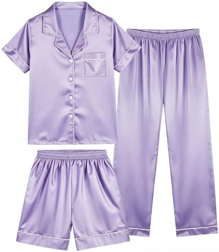 HONGTEYA 3 Piece Girls Clothes Sets, Silk Satin Teens Outfit Size 8-15 Years (US, Age, 8 Years, 9 Years, purple)