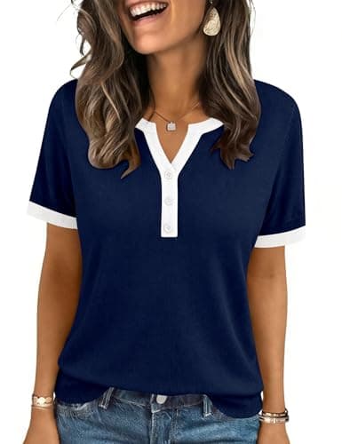 LOMON Womens Short Sleeve Sweater Pullovers Casual V Neck Henley T Shirts Lightweight Knit Fall Tops(Nevy Blue Striped,M)