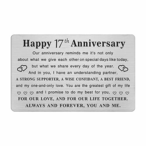 TGCNQ Metal Engraved 17 Year Anniversary Card, 17th Anniversary Card Gifts for Husband Wife Him Her, 17 Year Wedding Anniversary Decorations