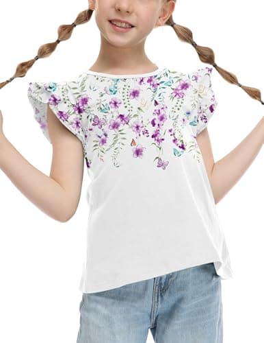 Arshiner Girls T Shirts Ruffle Sleeve Tshirts Summer Casual Crewneck Tees Tops Purple Flower 7-8 Years