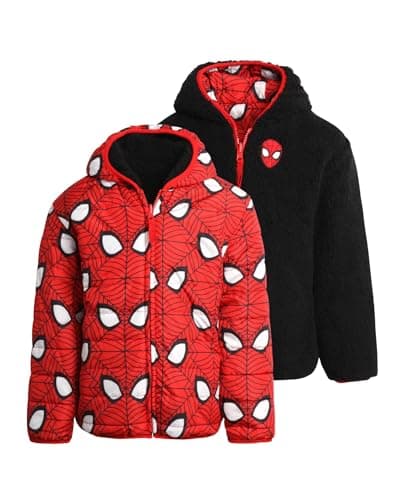 Marvel Spider-Man Boys Puffer Jacket - Reversible Quilted Puffer Coat with Sherpa Fleece Lining Jacket for Boys (Size: 2T-20), Size 2T, Spider Man Red