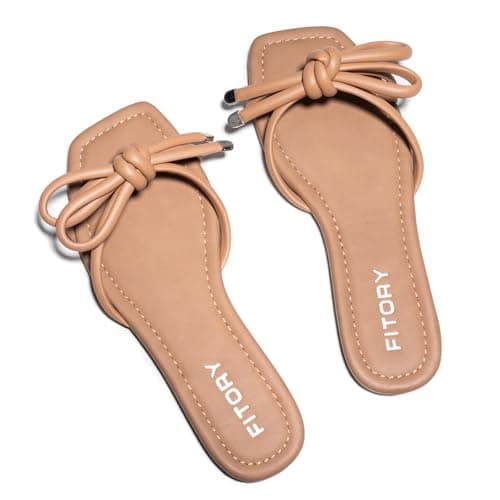 FITORY Women's Flat Sandals Square Open Toe Thong with Cute Knot for Summer Size 7.5 Camel