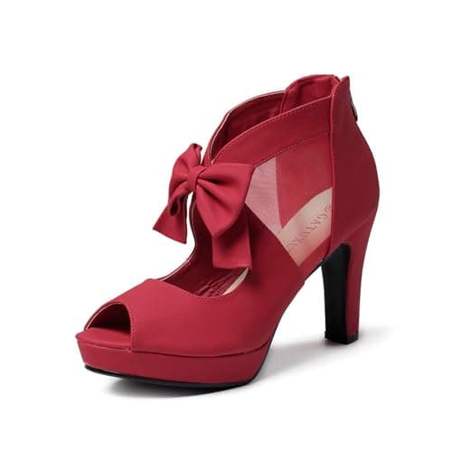 GATUXUS Open Toe Women Platform High Heel Shoes Bows Strappy Sandals (US 7, Red)