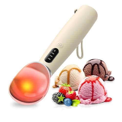 Heated Ice Cream Scoop Rechargeable, IP67 Waterproof Electric Warming Ice Cream Scooper with LED Display, Heats to 70°C for Hard Ice Cream, Easy for Seniors & Kids (Beige)