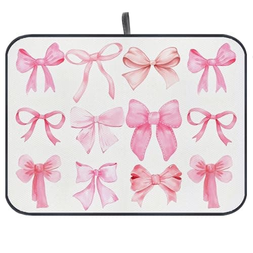 WOOGCHEIR Pink Bow Dish Drying Mat,Coquette Pink Bow Absorbent Dish Drying Mat，Kitchen Accessories For Countertop，Dish Drainer Mat For Kitchen Counter，20 X 15inch