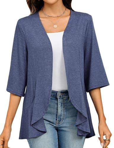Totatuit Womens Lightweight 3/4 Sleeve Cardigan for Dresses Flowy Casual Sheer Tops S-2XL Navy Blue