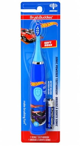 Brush Buddies Hot Wheels Battery Powered Sonic Electric Kids Toothbrush Soft Bristles Rounded Head Children Boys Girls Blue Gentle Cleaning Easy Grip Handle Plaque Removal Oral Care