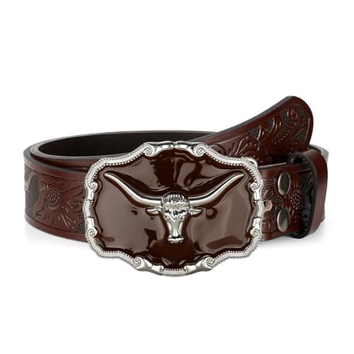 UpFind Western Leather Belts for Men Black Cowboy Longhorn Buckle Belt for Jeans Vintage Floral Embossed Country Belt